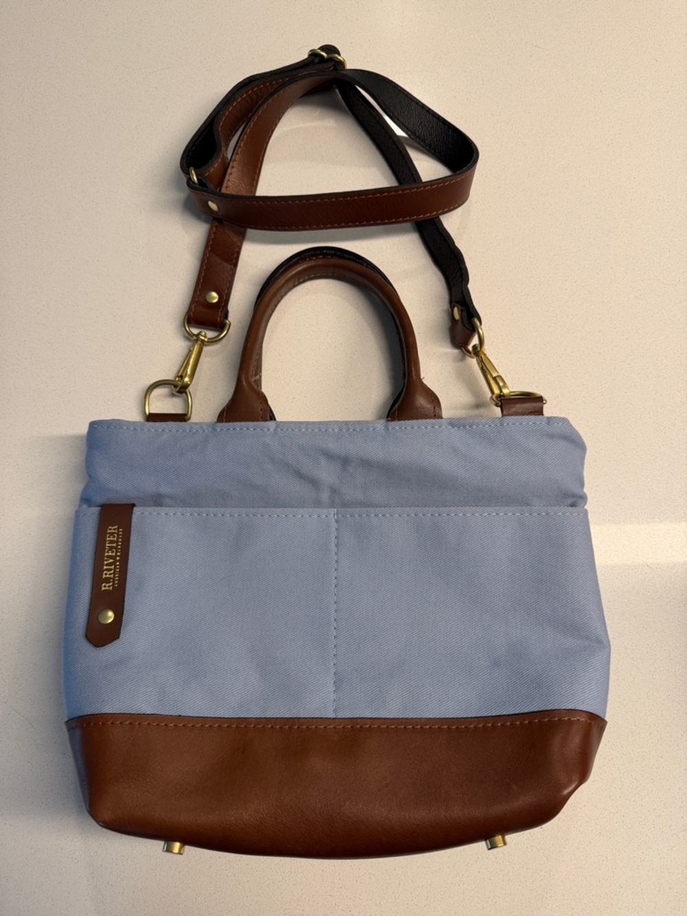 R.Riveter Carry All Blue Canvas Tote Bag with Brown Leather Trim